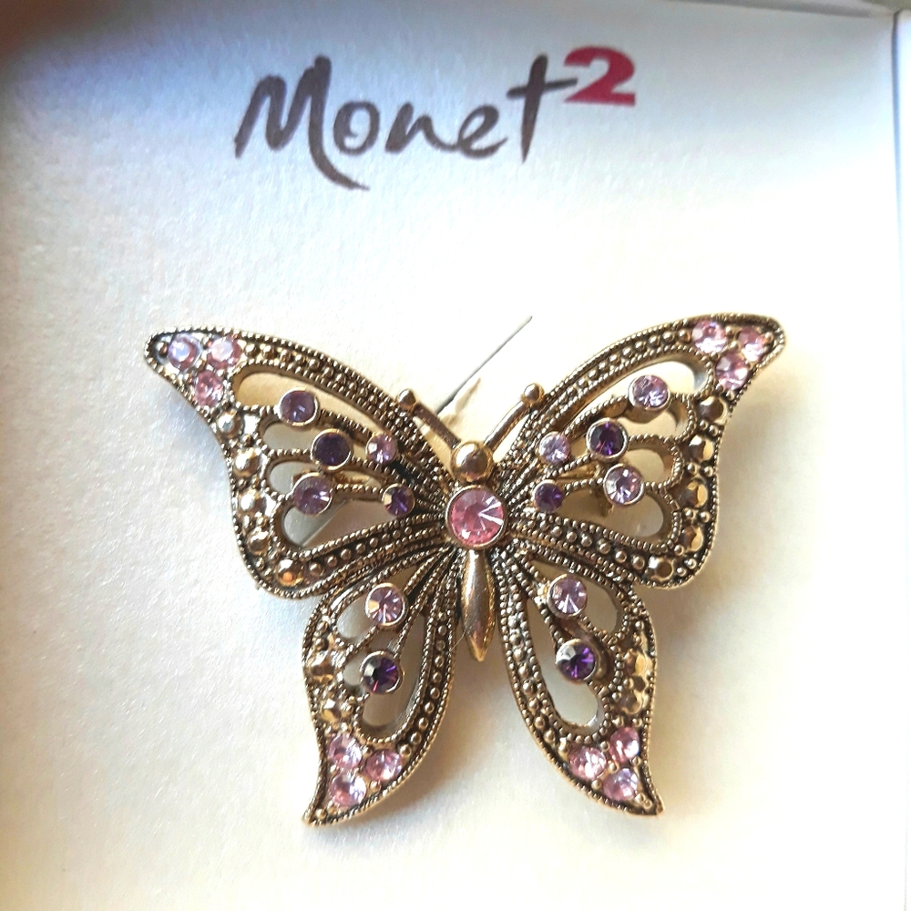 NIB Pink/Purple Crystal Butterfly Pin
